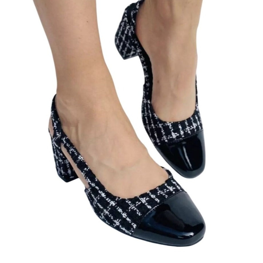 LILIANA / Kaya-3/ Black & White / Tweed / Block / Heel Slingback / Shoes With Patent Toe / Size 8.5 SHOES BY FLOR