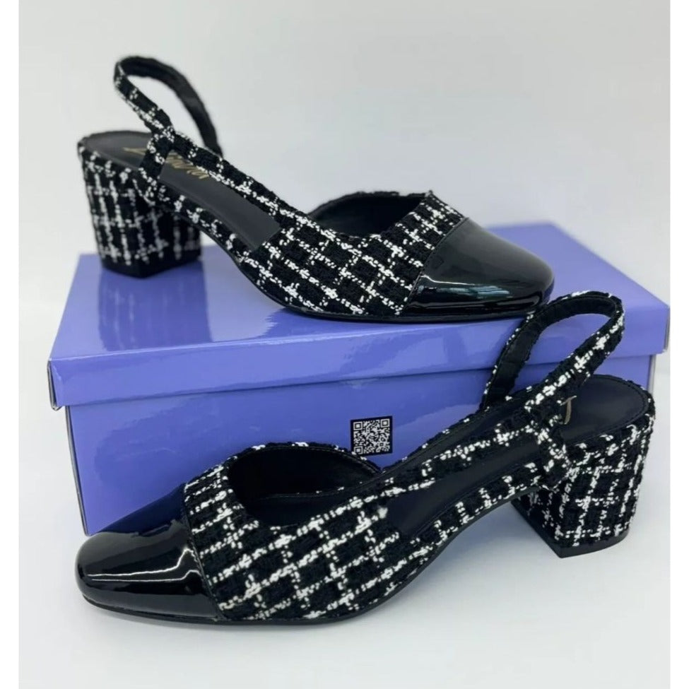 LILIANA / Kaya-3/ Black & White / Tweed / Block / Heel Slingback / Shoes With Patent Toe / Size 8.5 SHOES BY FLOR
