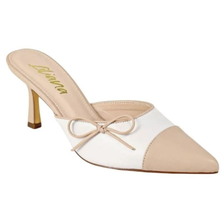 LILIANA / Mindi-1 / Pointed / Toe Beige & White / Heeled / Mules With Bow Accent SHOES BY FLOR
