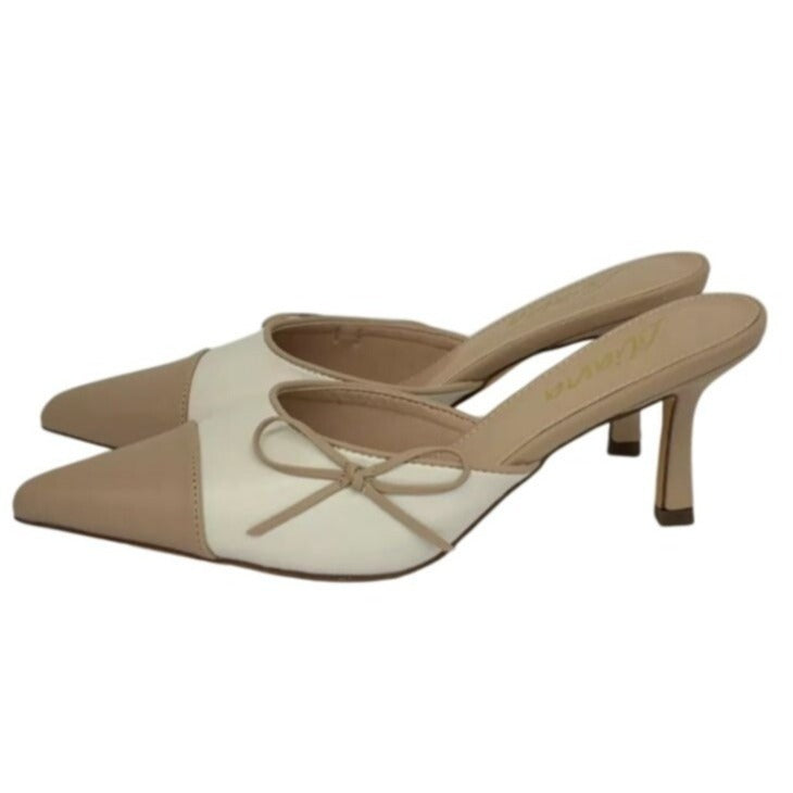 LILIANA / Mindi-1 / Pointed / Toe Beige & White / Heeled / Mules With Bow Accent SHOES BY FLOR
