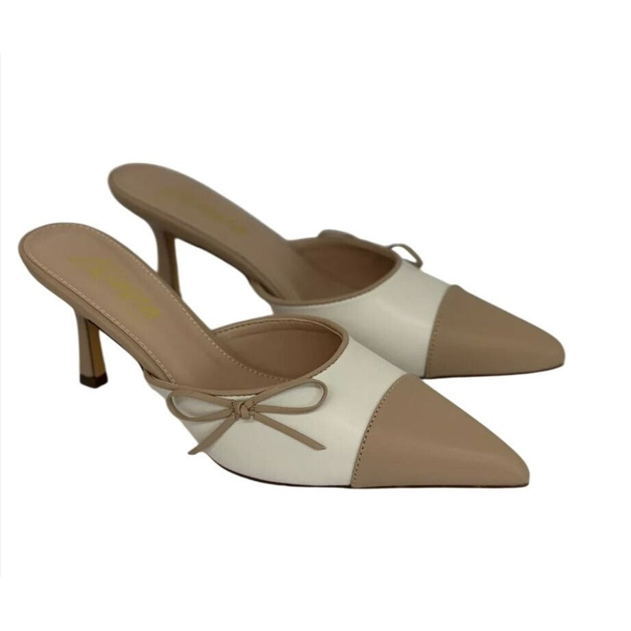 LILIANA / Mindi-1 / Pointed / Toe Beige & White / Heeled / Mules With Bow Accent SHOES BY FLOR