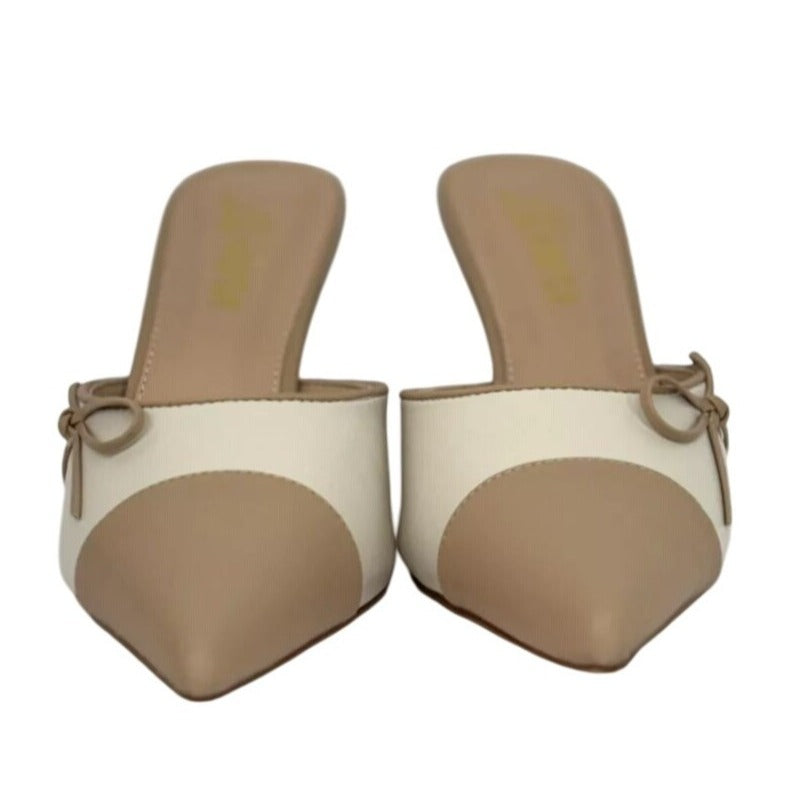 LILIANA / Mindi-1 / Pointed / Toe Beige & White / Heeled / Mules With Bow Accent SHOES BY FLOR