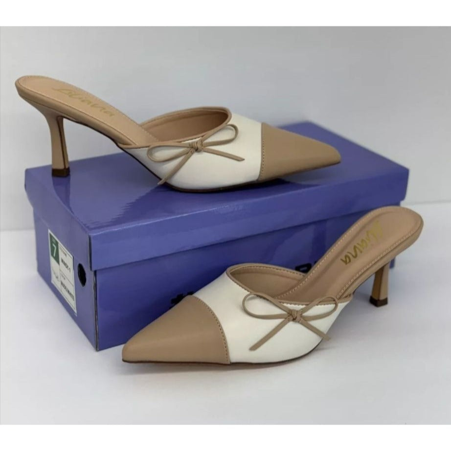 LILIANA / Mindi-1 / Pointed / Toe Beige & White / Heeled / Mules With Bow Accent SHOES BY FLOR