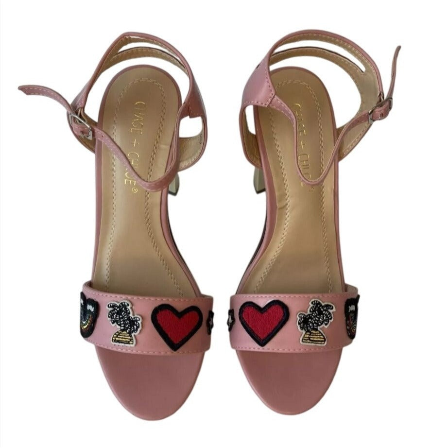 CHASE+CHLOE / Frank-1 / Pink / Strappy / Sandals With Embroidered Heart & Rainbow / Accents Gold Metallic / Block Heel / Size 6.5 SHOES BY FLOR
