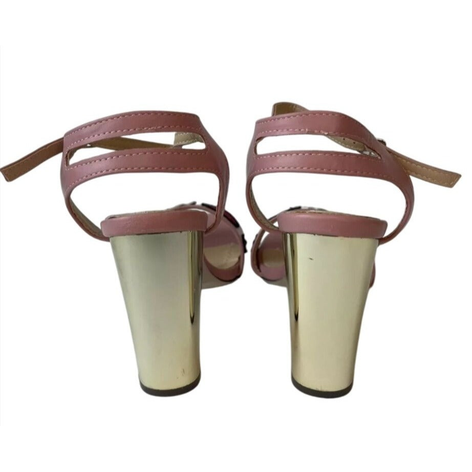 CHASE+CHLOE / Frank-1 / Pink / Strappy / Sandals With Embroidered Heart & Rainbow / Accents Gold Metallic / Block Heel / Size 6.5 SHOES BY FLOR