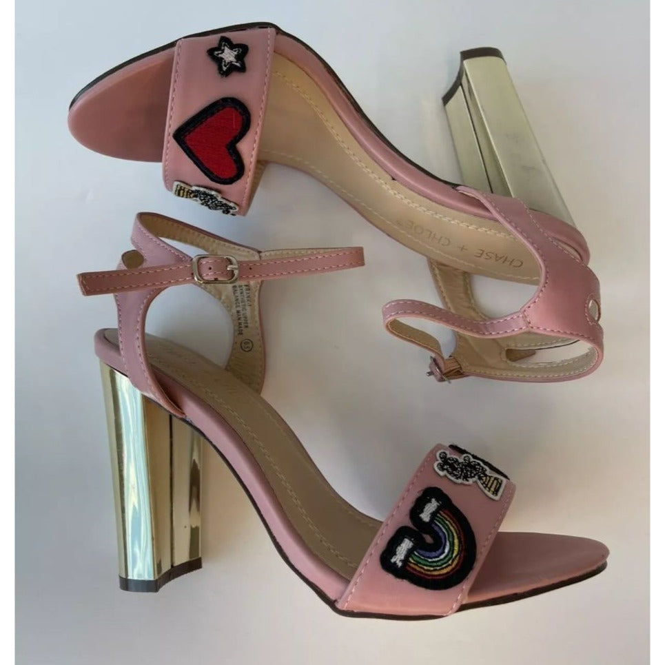 CHASE+CHLOE / Frank-1 / Pink / Strappy / Sandals With Embroidered Heart & Rainbow / Accents Gold Metallic / Block Heel / Size 6.5 SHOES BY FLOR