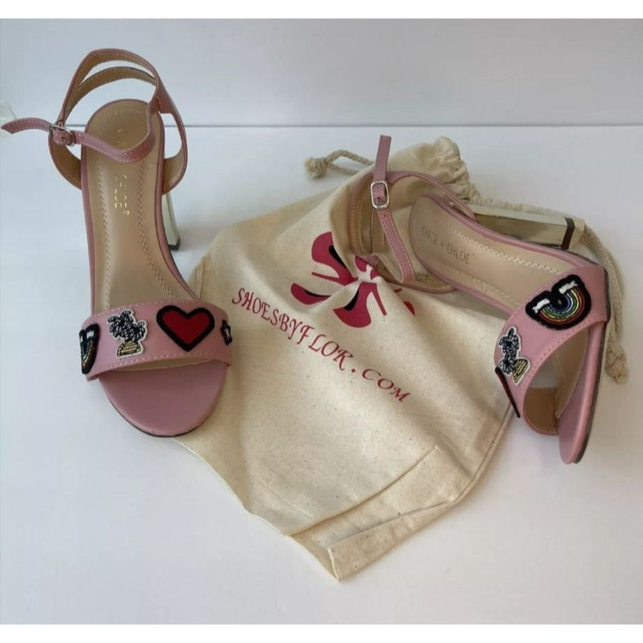 CHASE+CHLOE / Frank-1 / Pink / Strappy / Sandals With Embroidered Heart & Rainbow / Accents Gold Metallic / Block Heel / Size 6.5 SHOES BY FLOR