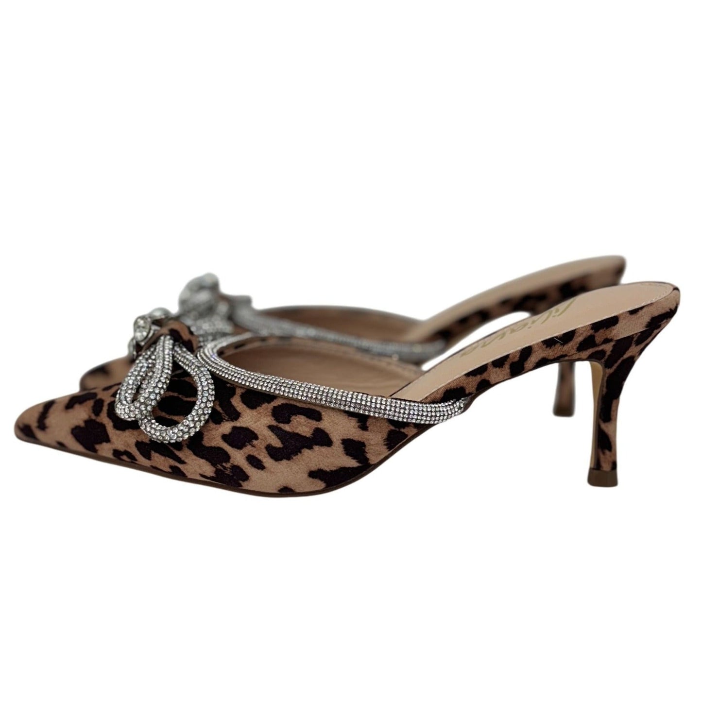 LILIANA / Romantic-1 Leopard Print / Pointed Toe Mules With Rhinestone Bow Embellishment & Kitten Heels SHOES BY FLOR