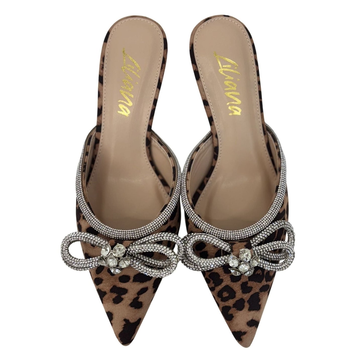 LILIANA / Romantic-1 Leopard Print / Pointed Toe Mules With Rhinestone Bow Embellishment & Kitten Heels SHOES BY FLOR