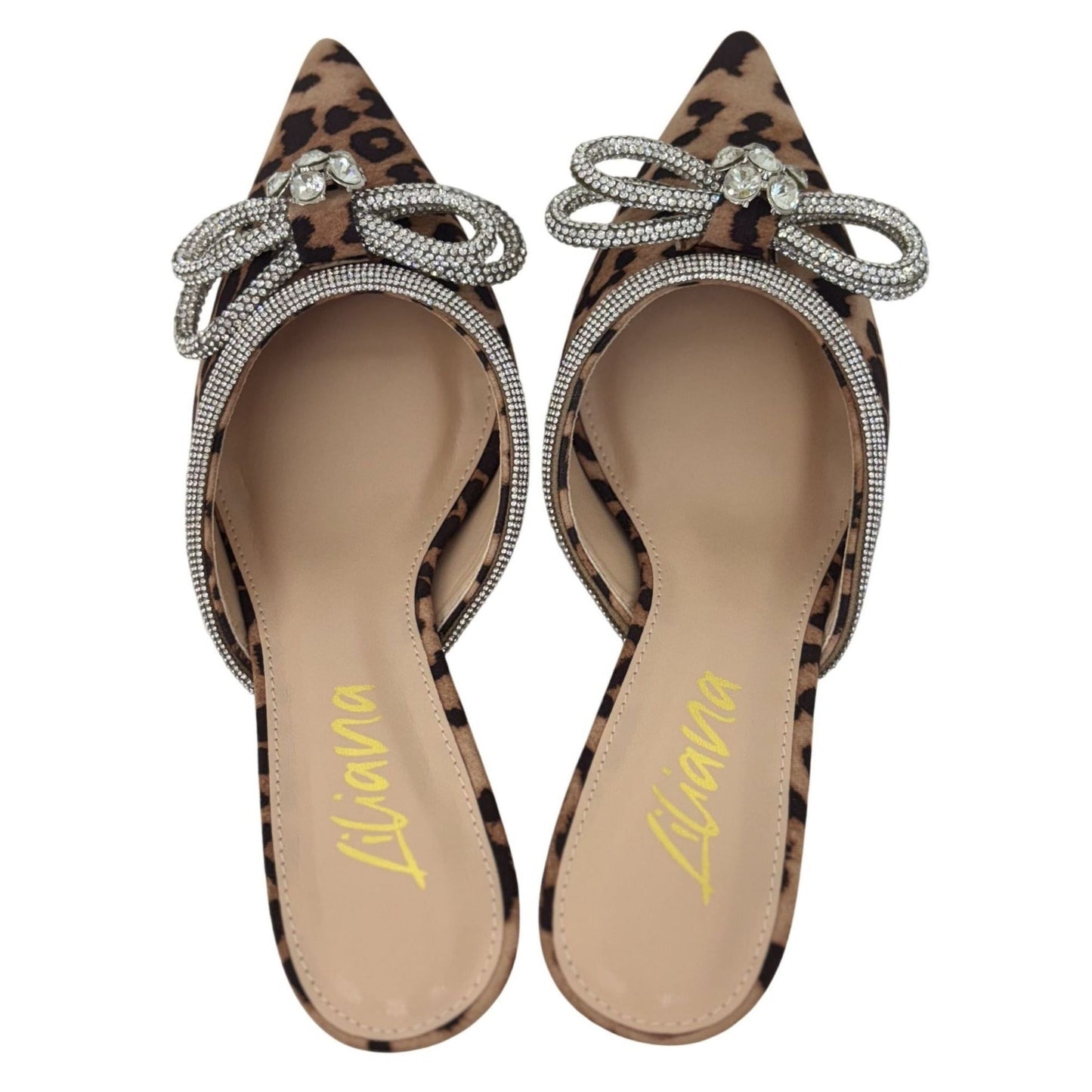 LILIANA / Romantic-1 Leopard Print / Pointed Toe Mules With Rhinestone Bow Embellishment & Kitten Heels SHOES BY FLOR