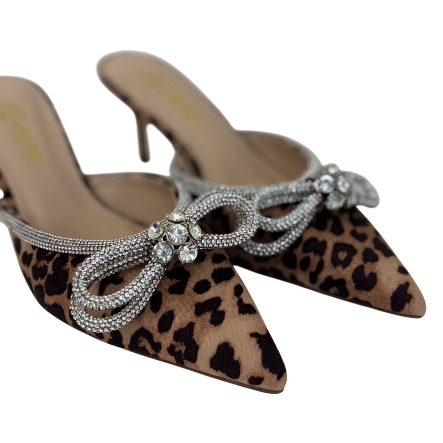 LILIANA / Romantic-1 Leopard Print / Pointed Toe Mules With Rhinestone Bow Embellishment & Kitten Heels SHOES BY FLOR