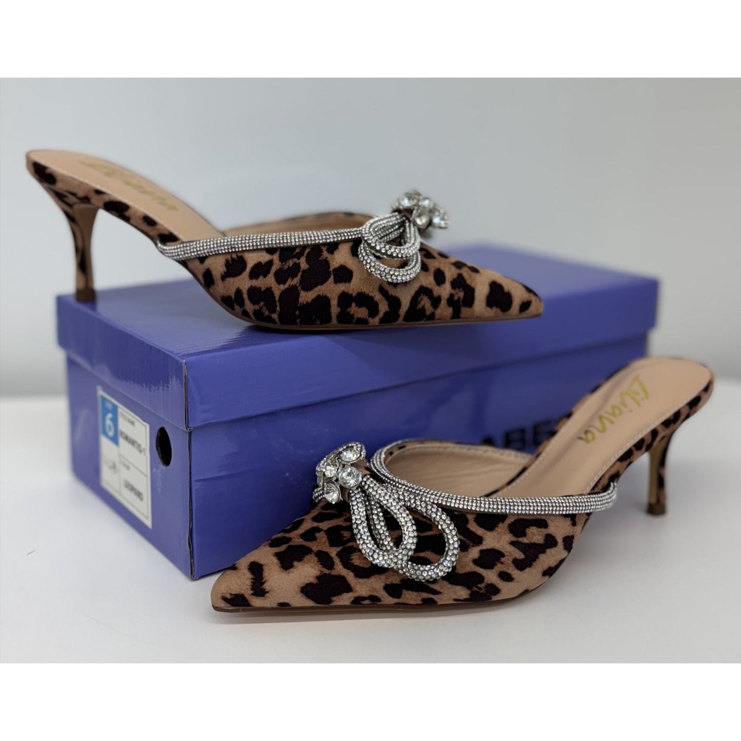 LILIANA / Romantic-1 Leopard Print / Pointed Toe Mules With Rhinestone Bow Embellishment & Kitten Heels SHOES BY FLOR