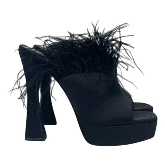 OLIVIA FERGUSON / Funkietowe / Black / Feather / Trim Platform / Heels / Stiletto Heel Peep-Toe Design SHOES BY FLOR