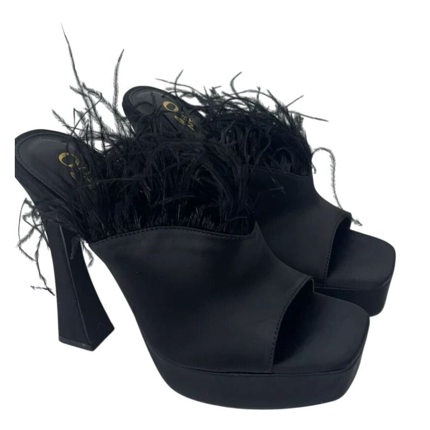 OLIVIA FERGUSON / Funkietowe / Black / Feather / Trim Platform / Heels / Stiletto Heel Peep-Toe Design SHOES BY FLOR