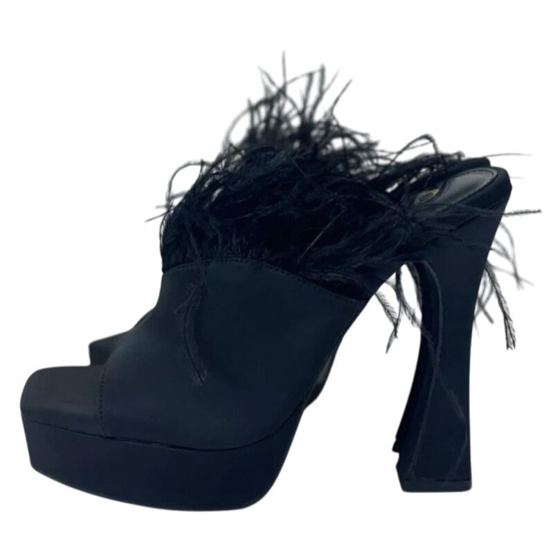 OLIVIA FERGUSON / Funkietowe / Black / Feather / Trim Platform / Heels / Stiletto Heel Peep-Toe Design SHOES BY FLOR