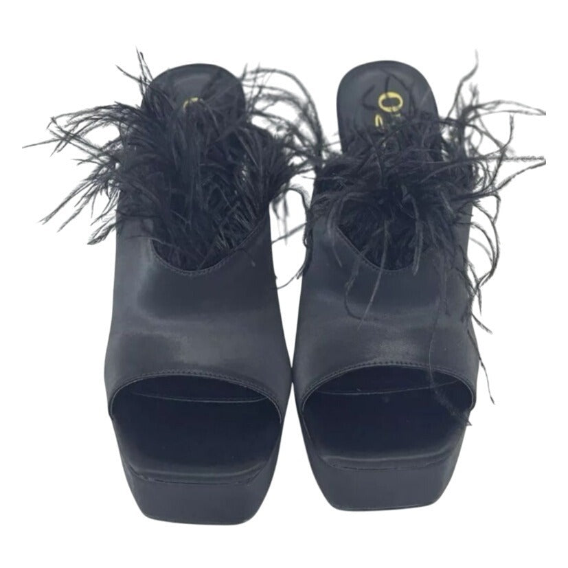 OLIVIA FERGUSON / Funkietowe / Black / Feather / Trim Platform / Heels / Stiletto Heel Peep-Toe Design SHOES BY FLOR