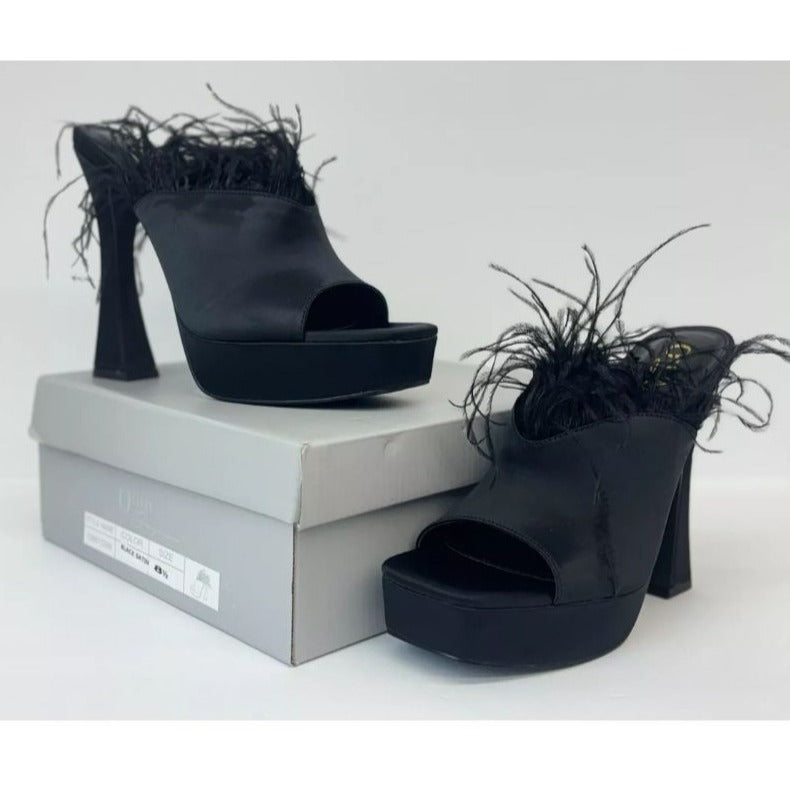OLIVIA FERGUSON / Funkietowe / Black / Feather / Trim Platform / Heels / Stiletto Heel Peep-Toe Design SHOES BY FLOR
