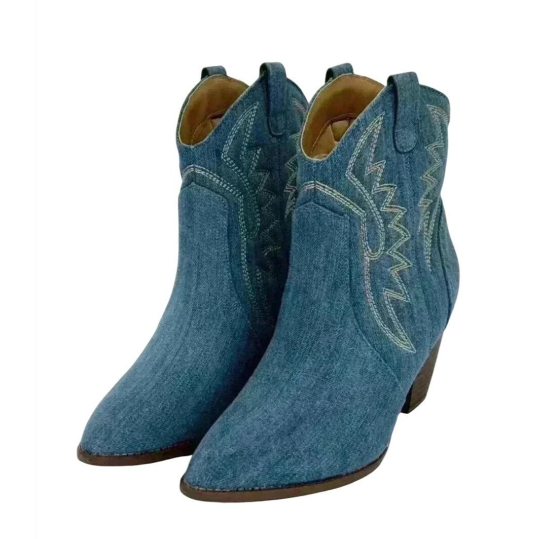 QUPID / Zane-72 / Denim / Western Ankle / Boots With Embroidered / Design & Stacked Heel