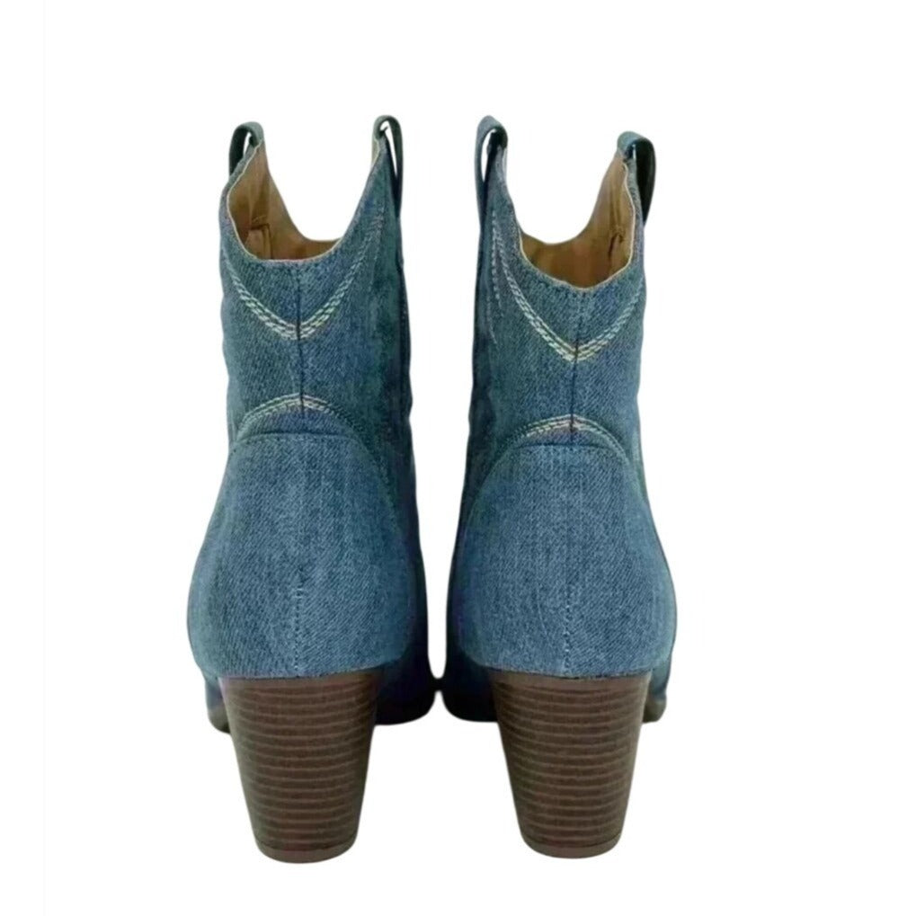 QUPID / Zane-72 / Denim / Western Ankle / Boots With Embroidered / Design & Stacked Heel