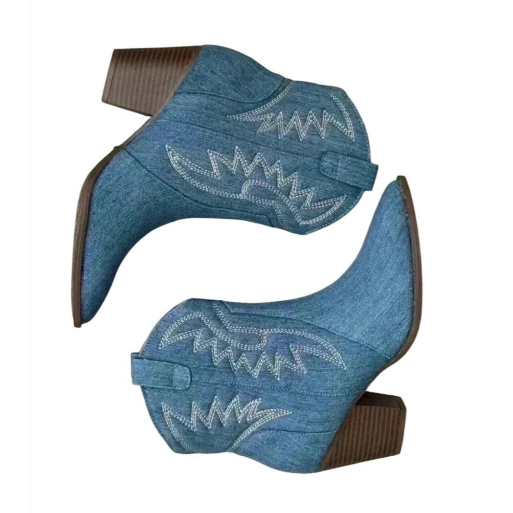 QUPID / Zane-72 / Denim / Western Ankle / Boots With Embroidered / Design & Stacked Heel