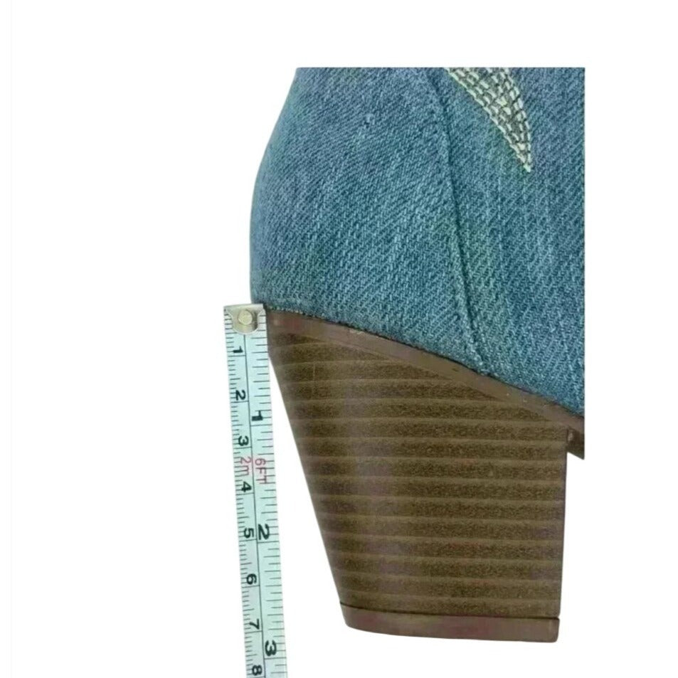 QUPID / Zane-72 / Denim / Western Ankle / Boots With Embroidered / Design & Stacked Heel