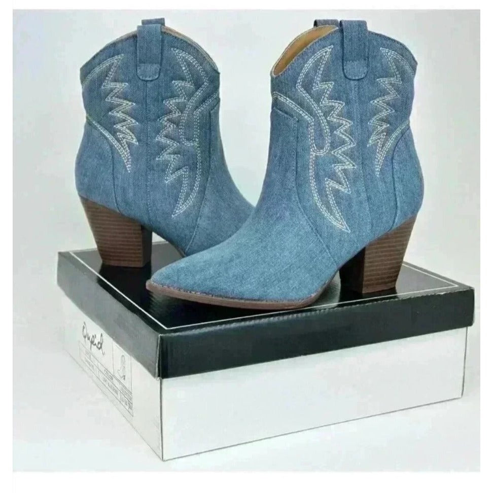 QUPID / Zane-72 / Denim / Western Ankle / Boots With Embroidered / Design & Stacked Heel