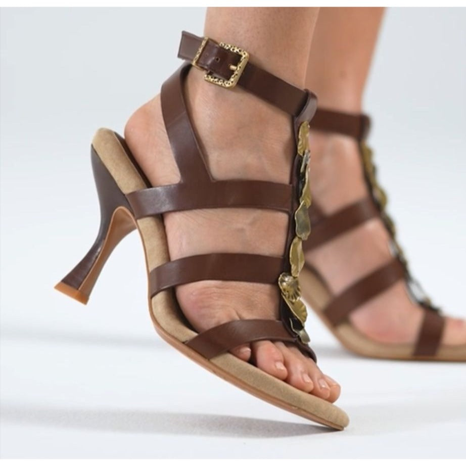 FRANCO SARTO / L-Rine / Dress Sandals / Amber / Brown / Leather / Gold Accent / High Heel / Size 7.5 SHOES BY FLOR