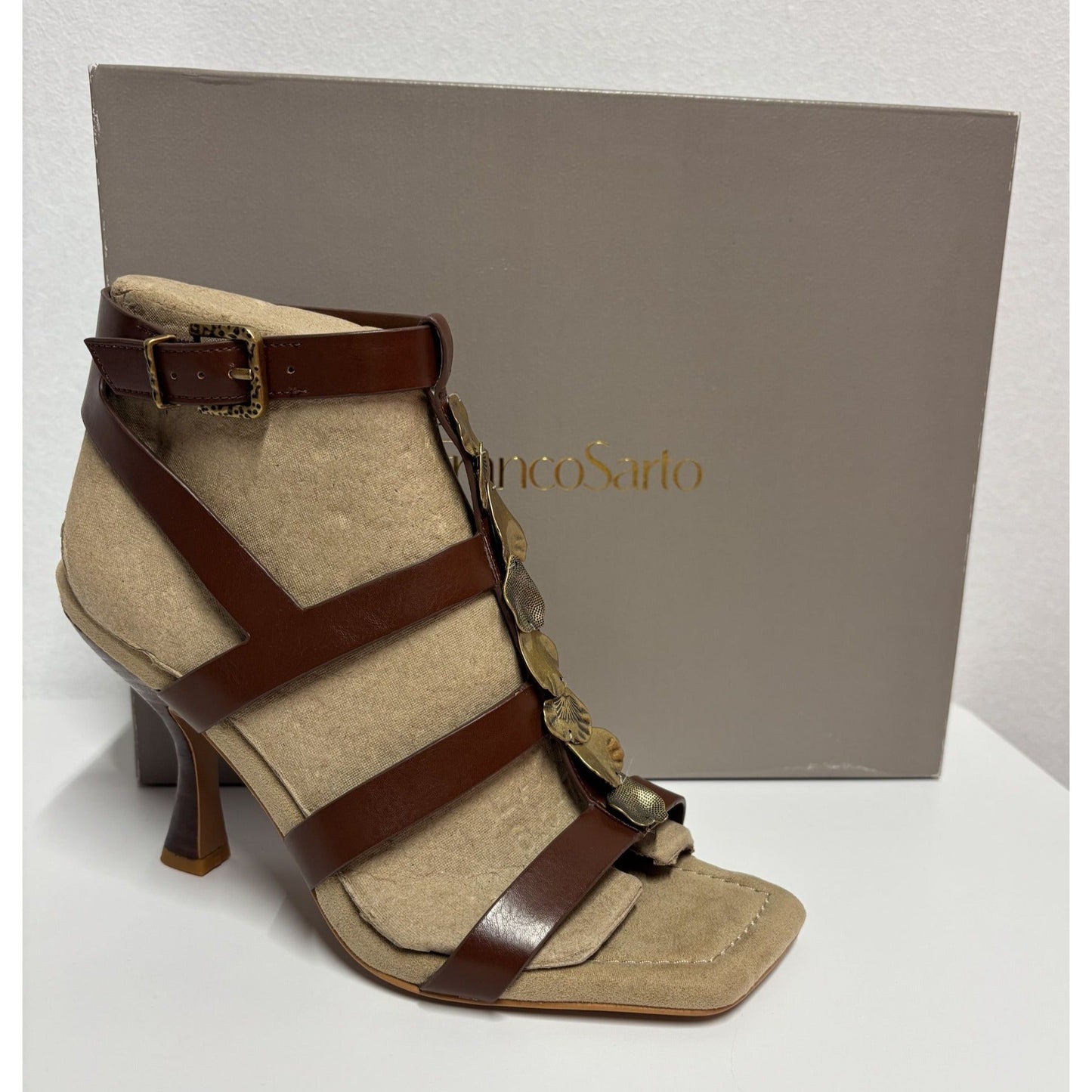 FRANCO SARTO / L-Rine / Dress Sandals / Amber / Brown / Leather / Gold Accent / High Heel / Size 7.5 SHOES BY FLOR