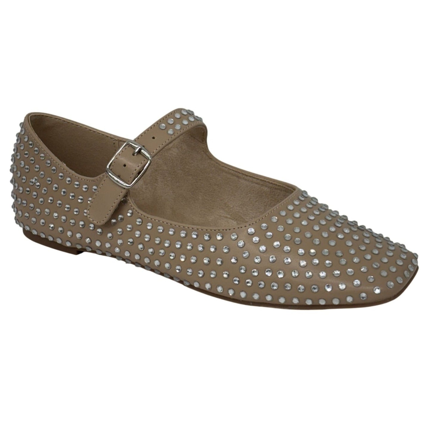 OLIVIA FERGUSON / Nancy / Flat / Mary Jane / Rhinestone-Studded / Faux Suede Upper / Camel / Nude SHOES BY FLOR
