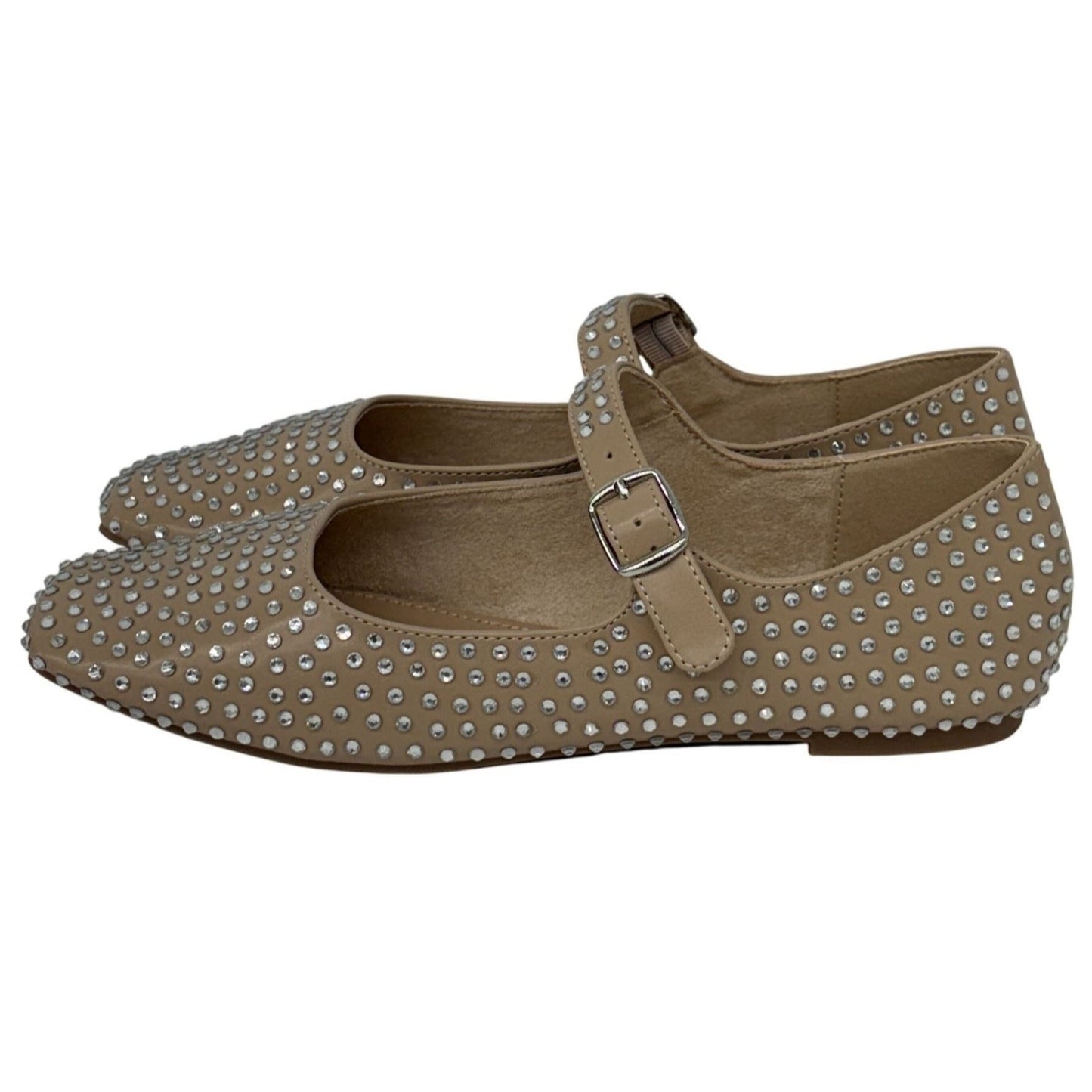 OLIVIA FERGUSON / Nancy / Flat / Mary Jane / Rhinestone-Studded / Faux Suede Upper / Camel / Nude SHOES BY FLOR