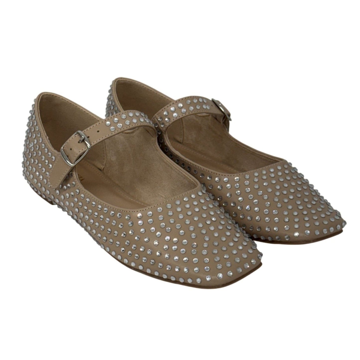 OLIVIA FERGUSON / Nancy / Flat / Mary Jane / Rhinestone-Studded / Faux Suede Upper / Camel / Nude SHOES BY FLOR