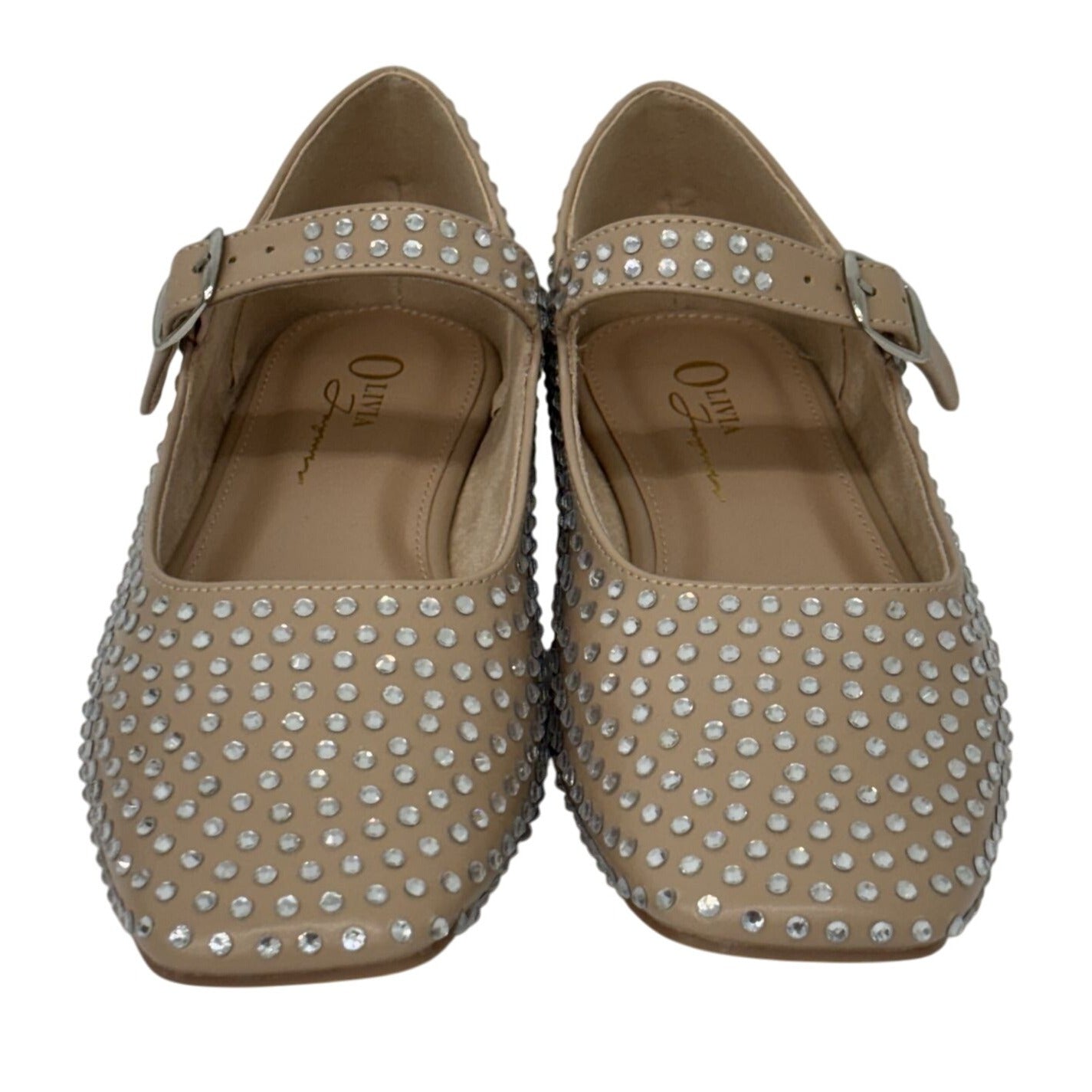 OLIVIA FERGUSON / Nancy / Flat / Mary Jane / Rhinestone-Studded / Faux Suede Upper / Camel / Nude SHOES BY FLOR