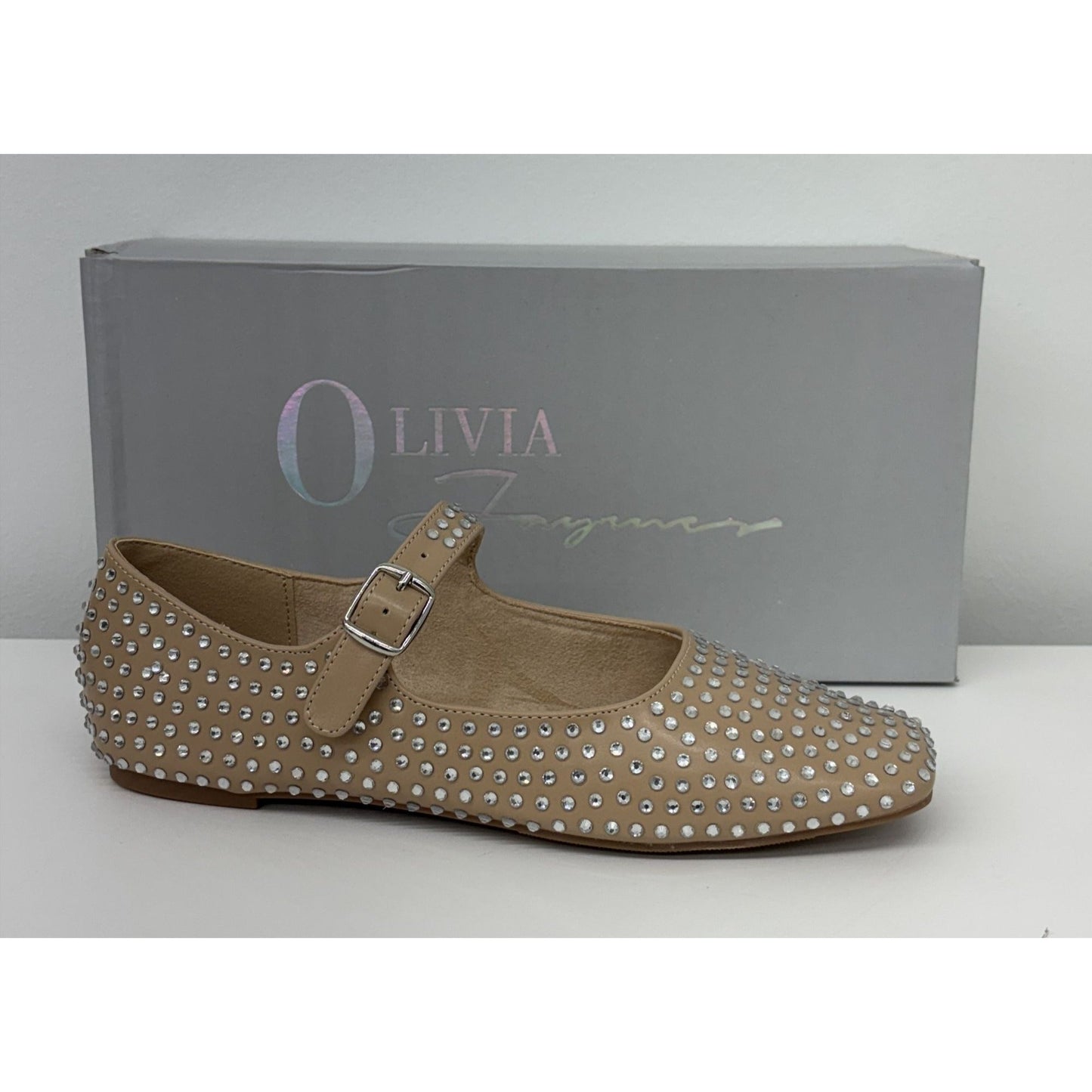 OLIVIA FERGUSON / Nancy / Flat / Mary Jane / Rhinestone-Studded / Faux Suede Upper / Camel / Nude SHOES BY FLOR