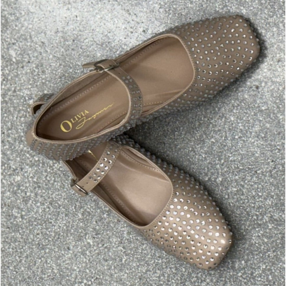 OLIVIA FERGUSON / Nancy / Flat / Mary Jane / Rhinestone-Studded / Faux Suede Upper / Camel / Nude SHOES BY FLOR