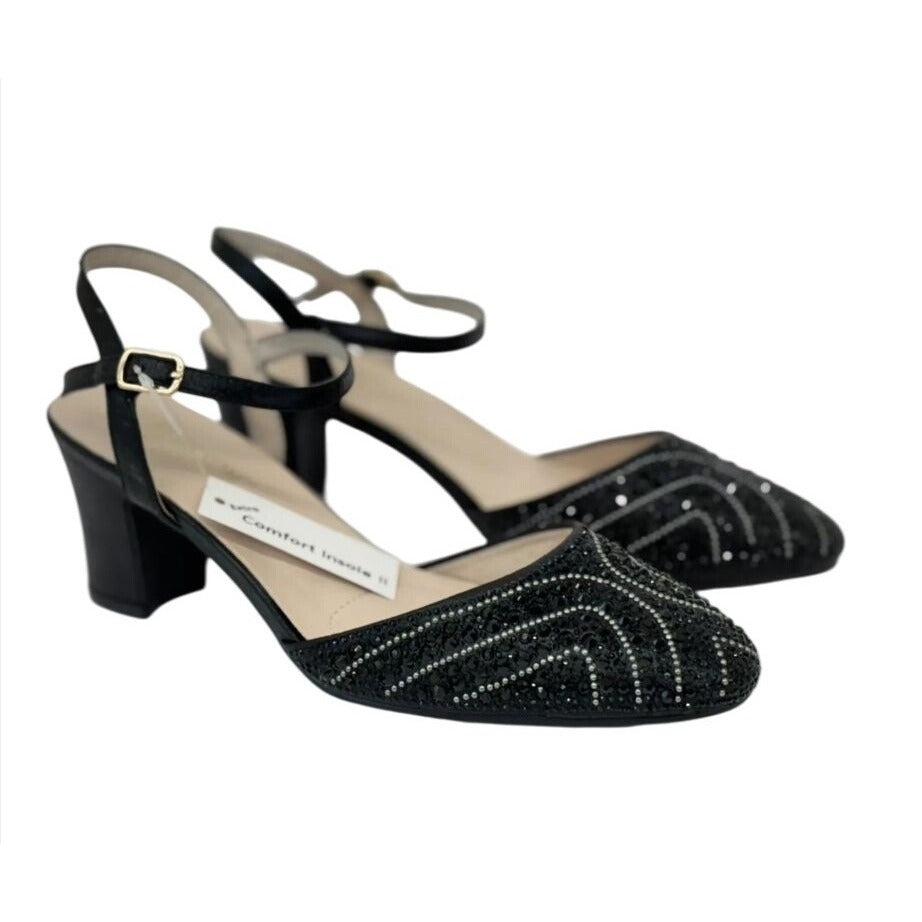 DE BLOSSOM / Gloria-10 / Womens Black Rhinestone Heeled Ankle Strap Sandals / Memory Foam