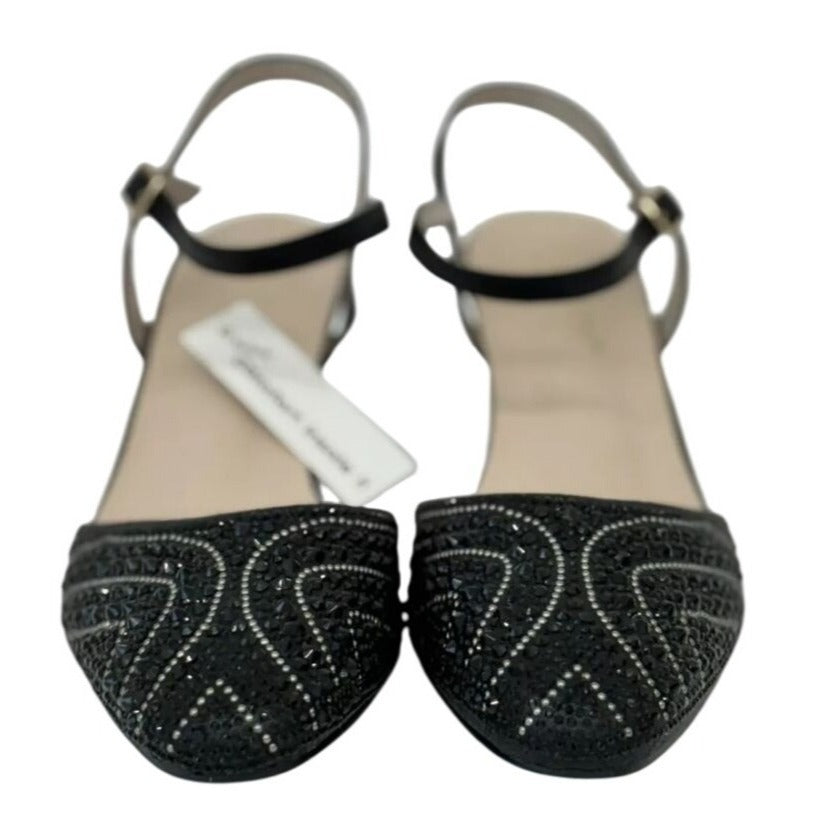 DE BLOSSOM / Gloria-10 / Womens Black Rhinestone Heeled Ankle Strap Sandals / Memory Foam