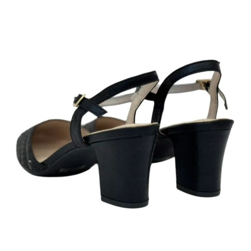 DE BLOSSOM / Gloria-10 / Womens Black Rhinestone Heeled Ankle Strap Sandals / Memory Foam