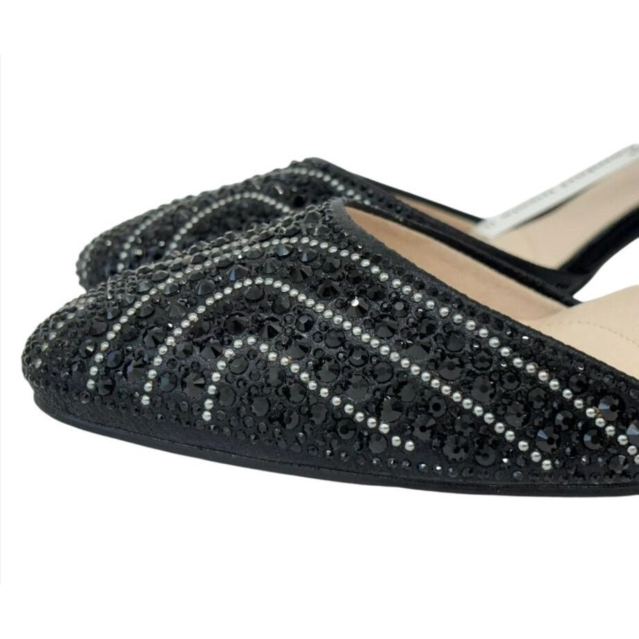 DE BLOSSOM / Gloria-10 / Womens Black Rhinestone Heeled Ankle Strap Sandals / Memory Foam