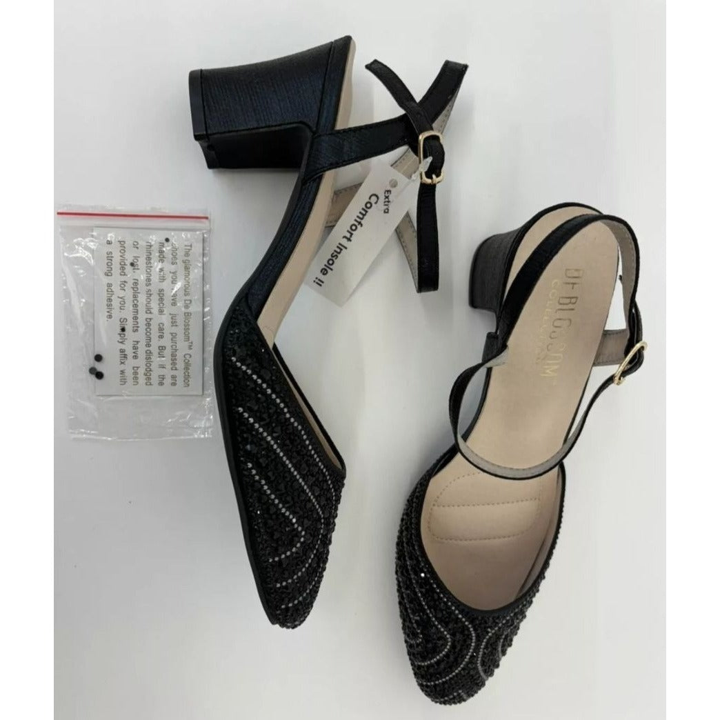 DE BLOSSOM / Gloria-10 / Womens Black Rhinestone Heeled Ankle Strap Sandals / Memory Foam