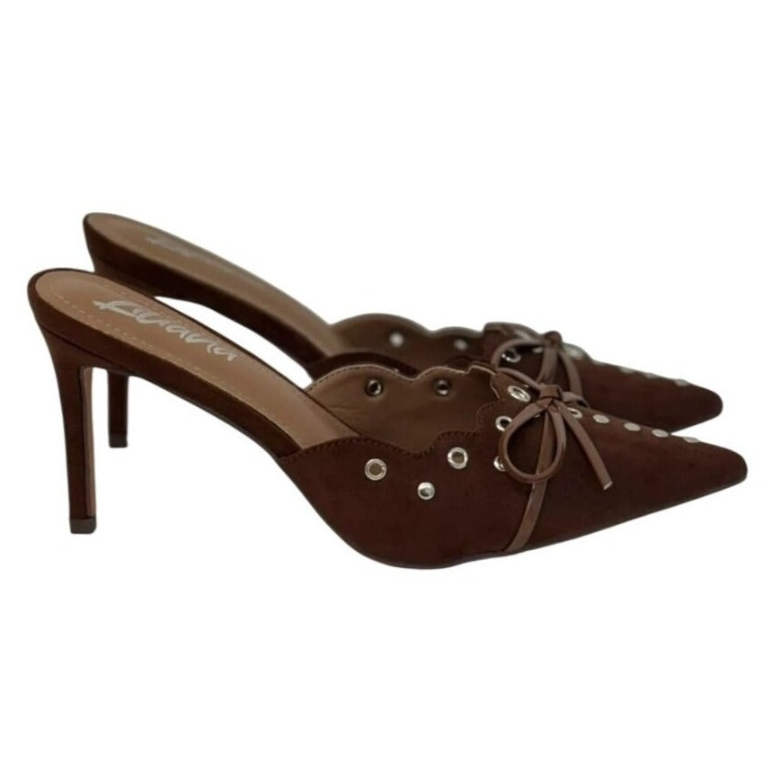 LILIANA / Caprice-2 / Brown / Suede / Pointed-Toe / Heeled Mules / With Studded Bow & Eyelet Detail SHOES BY FLOR