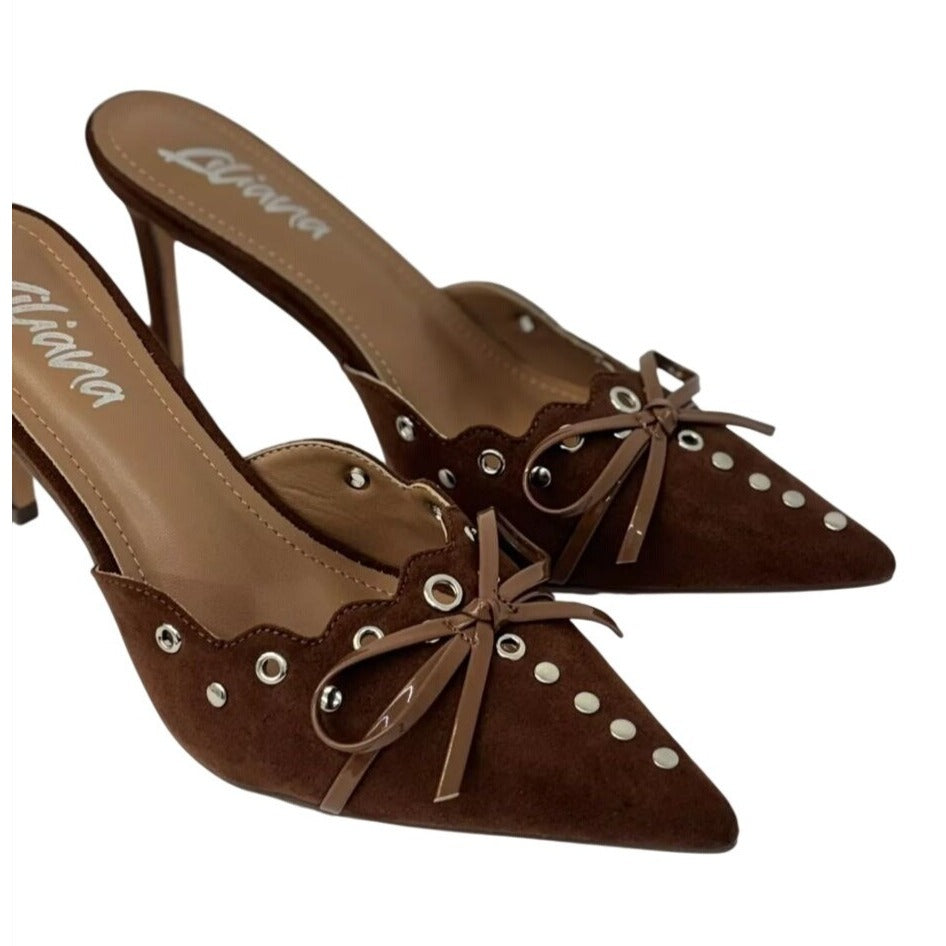 LILIANA / Caprice-2 / Brown / Suede / Pointed-Toe / Heeled Mules / With Studded Bow & Eyelet Detail SHOES BY FLOR