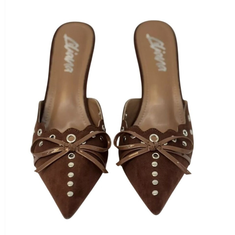 LILIANA / Caprice-2 / Brown / Suede / Pointed-Toe / Heeled Mules / With Studded Bow & Eyelet Detail SHOES BY FLOR