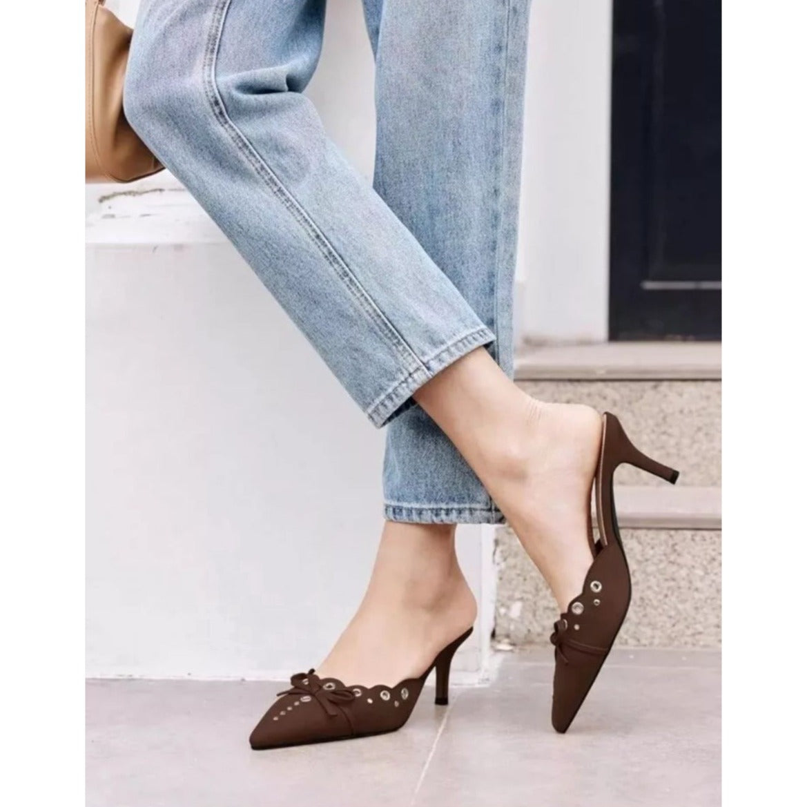 LILIANA / Caprice-2 / Brown / Suede / Pointed-Toe / Heeled Mules / With Studded Bow & Eyelet Detail SHOES BY FLOR