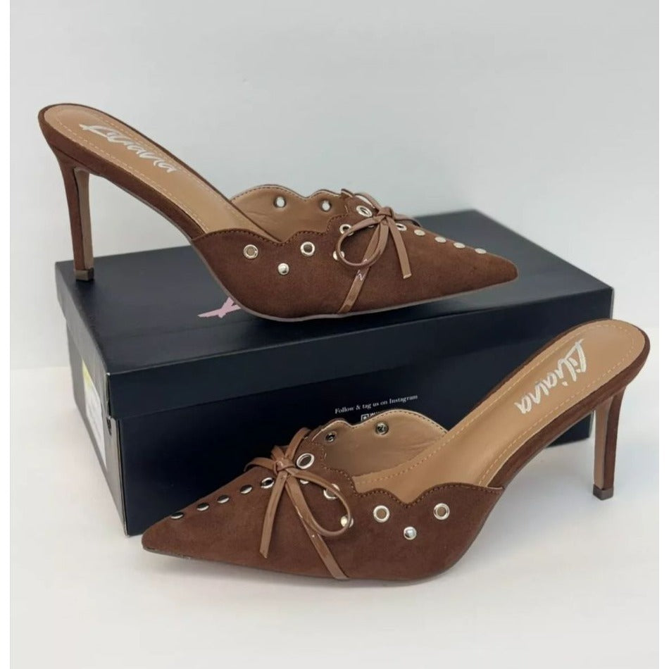 LILIANA / Caprice-2 / Brown / Suede / Pointed-Toe / Heeled Mules / With Studded Bow & Eyelet Detail SHOES BY FLOR