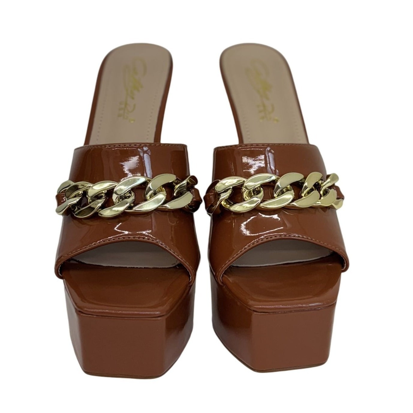 CATHY DIN / Kaiaa-7/ Platform / High Heels / With Chain Accent /Patent Leather / Open ToeTan SHOES BY FLOR