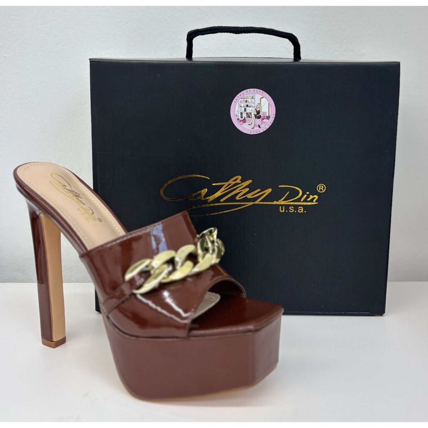 CATHY DIN / Kaiaa-7/ Platform / High Heels / With Chain Accent /Patent Leather / Open ToeTan SHOES BY FLOR