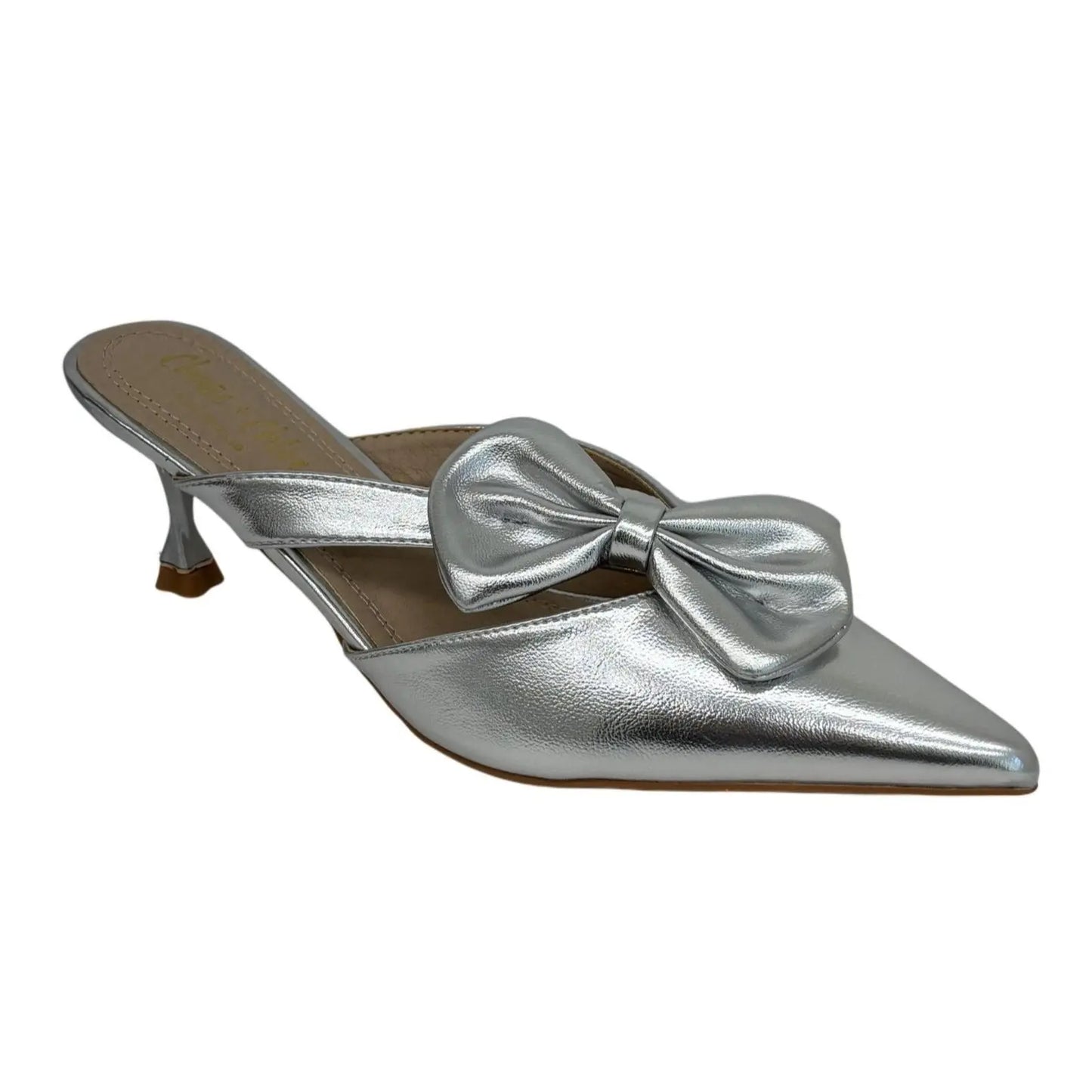 CHASE + CHLOE / Idra-3 / Silver / Pointed / Toe Mule Heels / With Bow Detail Kitten Heel Design SHOES BY FLOR