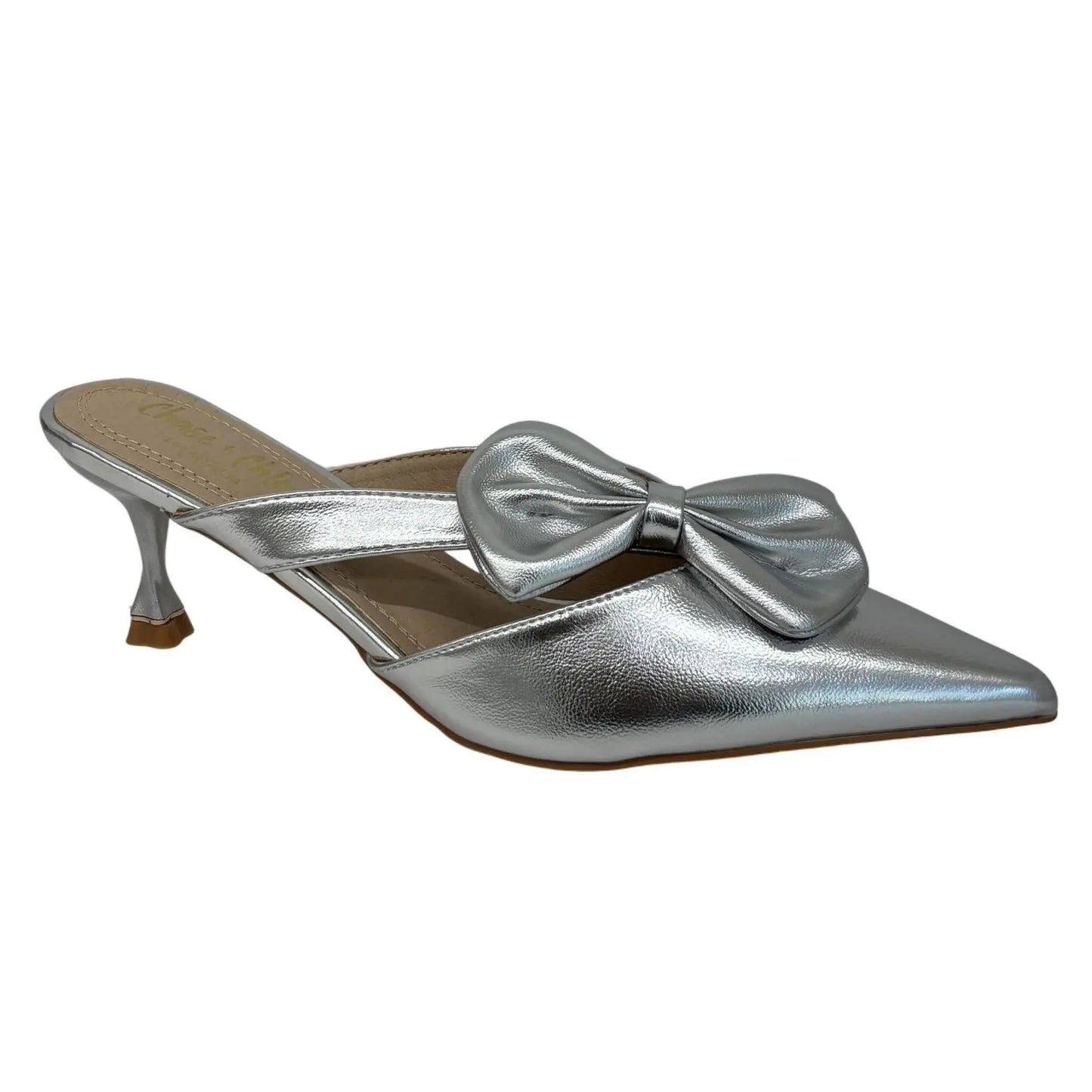 CHASE + CHLOE / Idra-3 / Silver / Pointed / Toe Mule Heels / With Bow Detail Kitten Heel Design SHOES BY FLOR