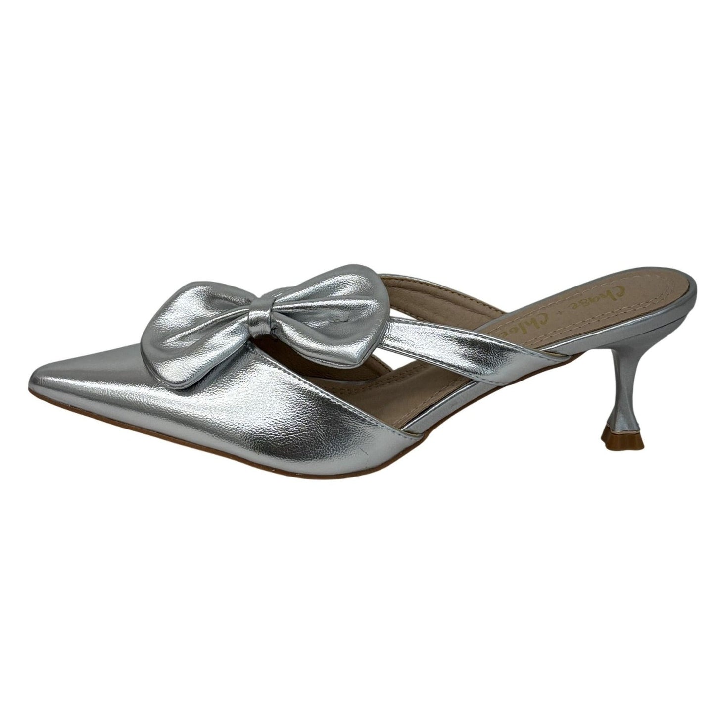 CHASE + CHLOE / Idra-3 / Silver / Pointed / Toe Mule Heels / With Bow Detail Kitten Heel Design SHOES BY FLOR