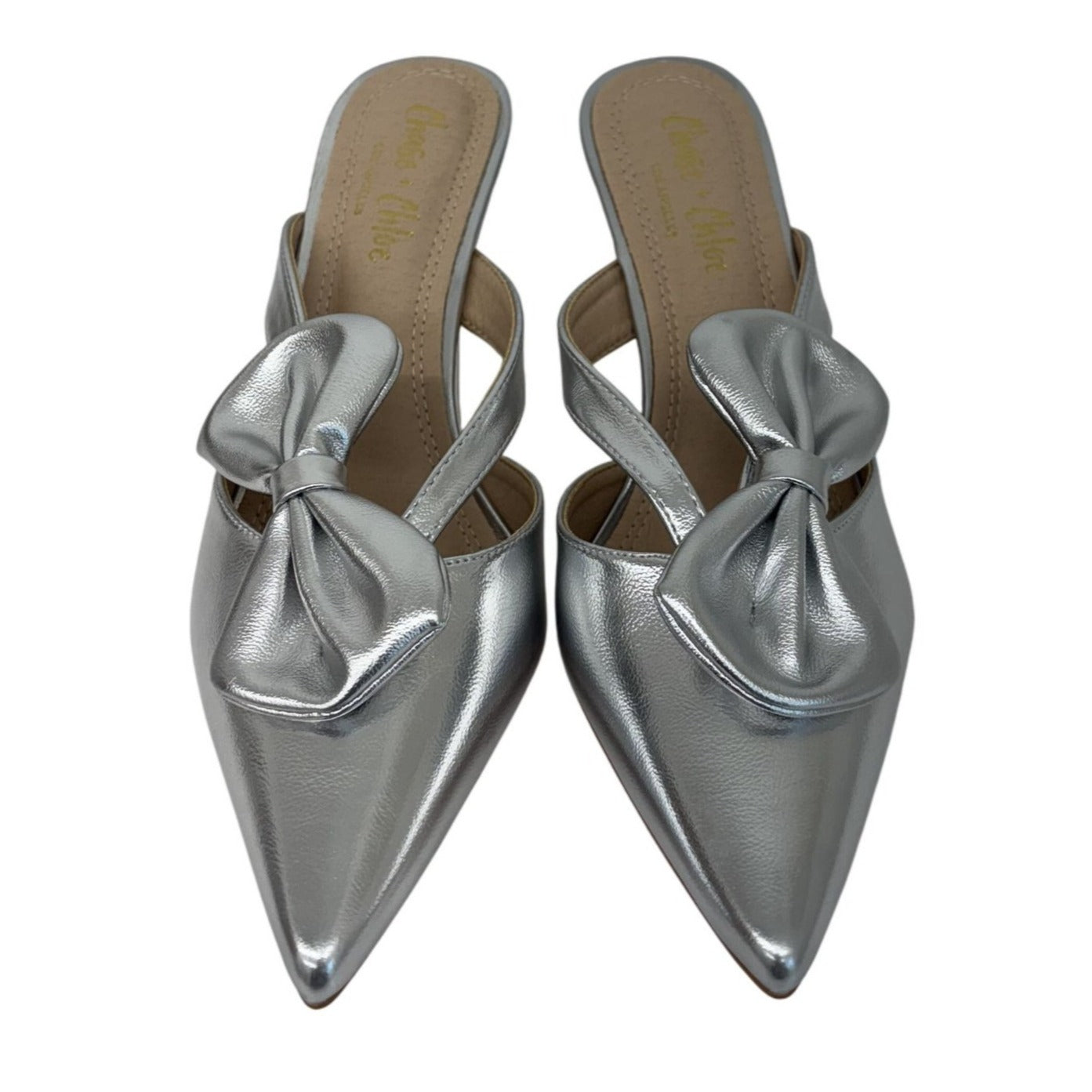 CHASE + CHLOE / Idra-3 / Silver / Pointed / Toe Mule Heels / With Bow Detail Kitten Heel Design SHOES BY FLOR